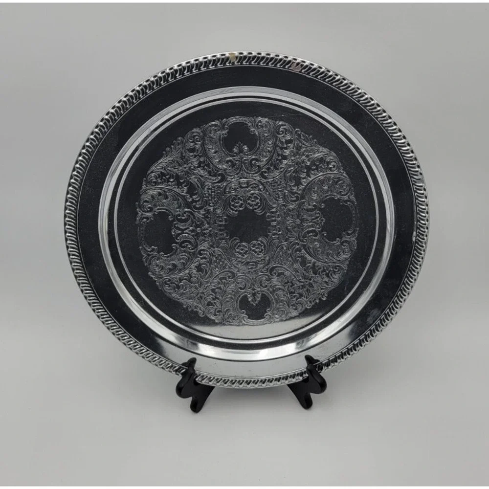 Vtg Shelton-Ware NYC Embossed Round Serving Tray Silver-tone Floral Scroll 15
